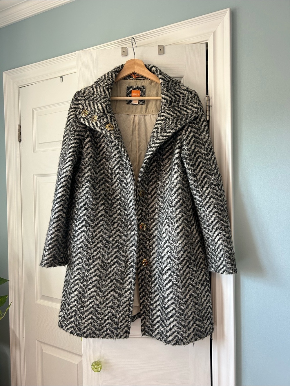 Hugo Boss Black & Gray Herringbone Wool Peacoat